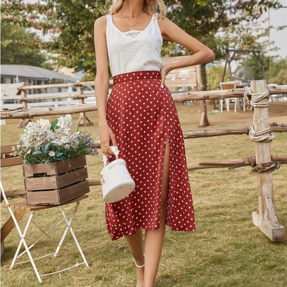 Red midi A line polka dot skirt